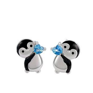 Cute Penguin Stud Earrings With Blue Heart Crystal Silver Tone